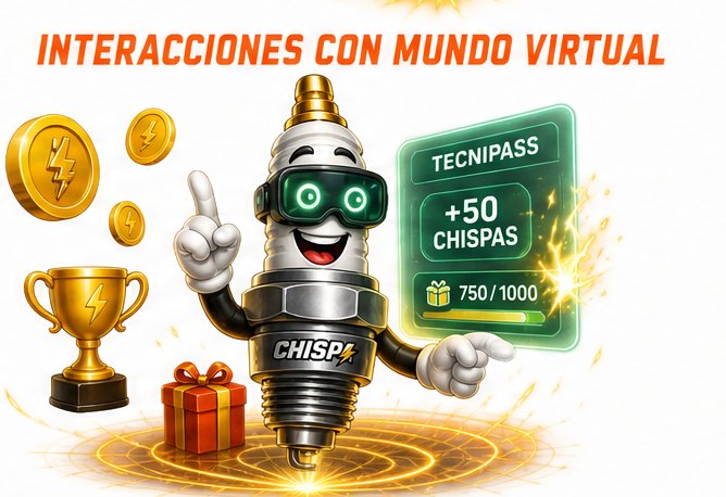 CHISPA con lentes de realidad virtual junto a una tarjeta TecniPass de +50 Chispas